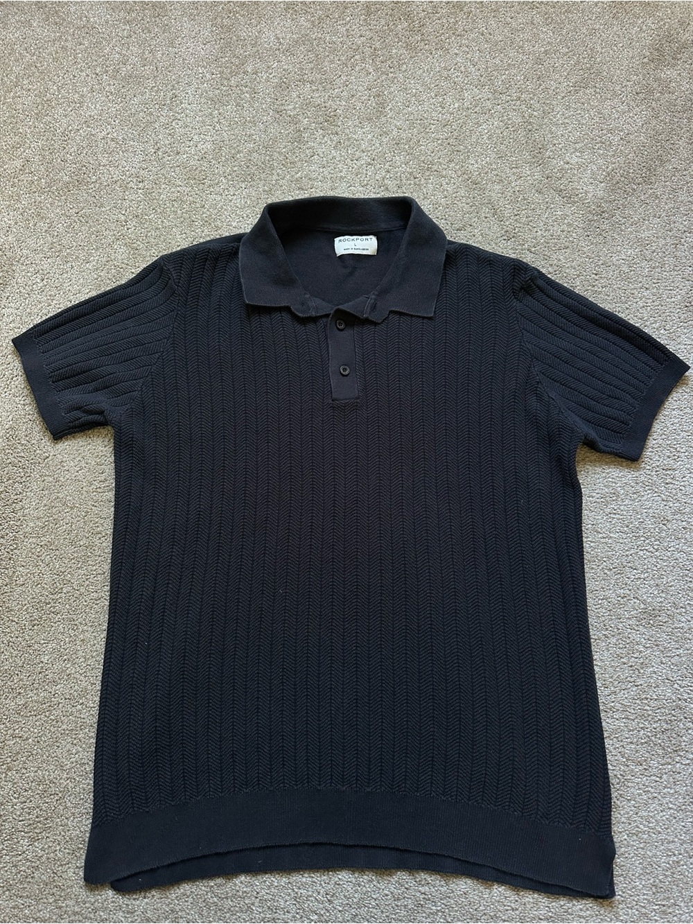 Rockport Black Men Cotton Knit Textured Ribbing Polo Shirt